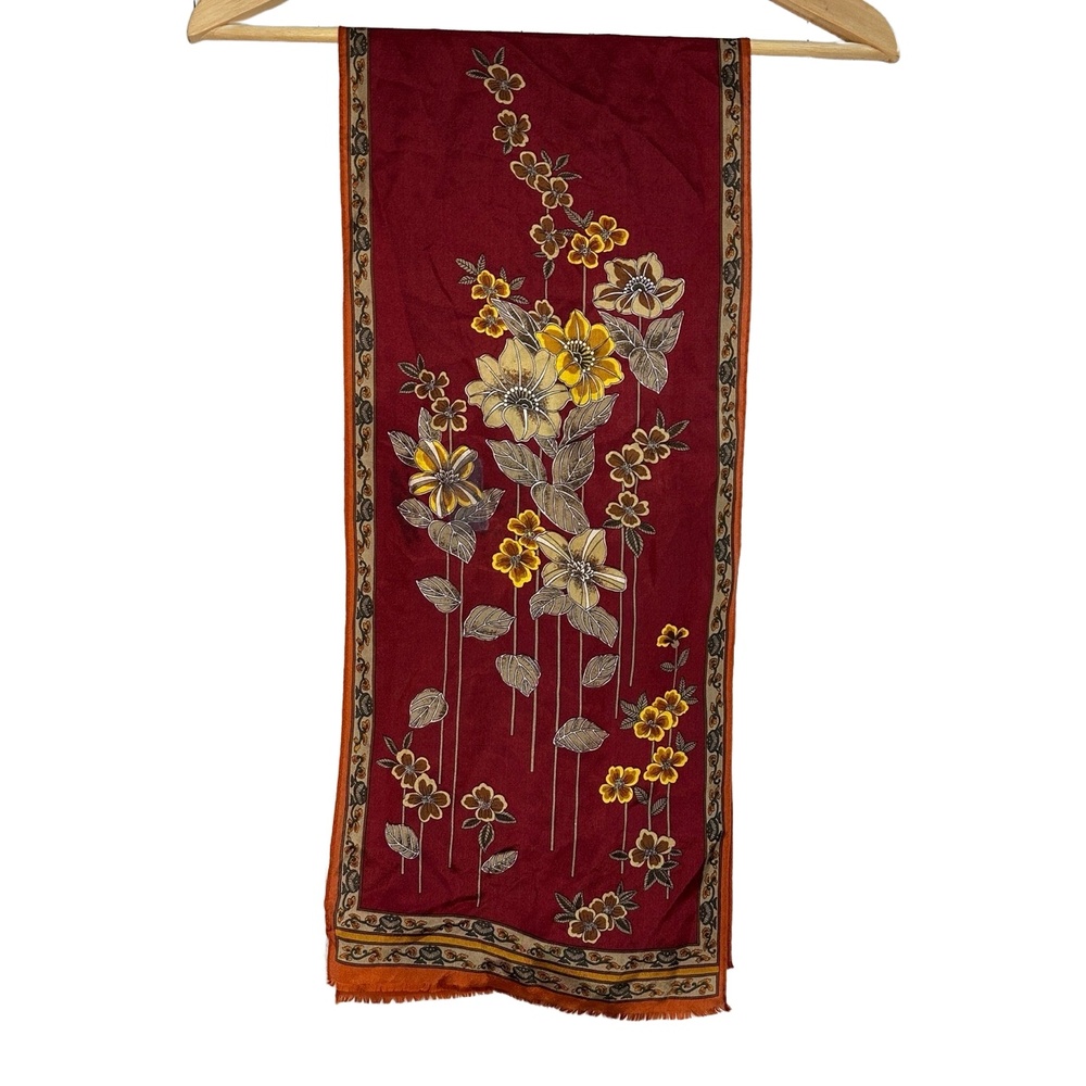 Vtg Oscar de la Renta Silk 44x10 Scarf Maroon Floral Pattern Fringed Edges Japan